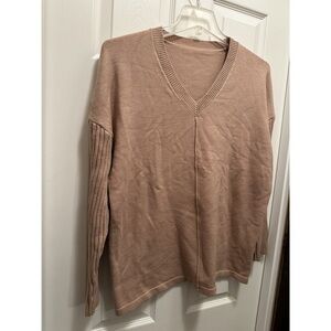 Women's XL V-Neck Solid Khaki Sweater Knit Pullover Long Sleeve X-Large Top